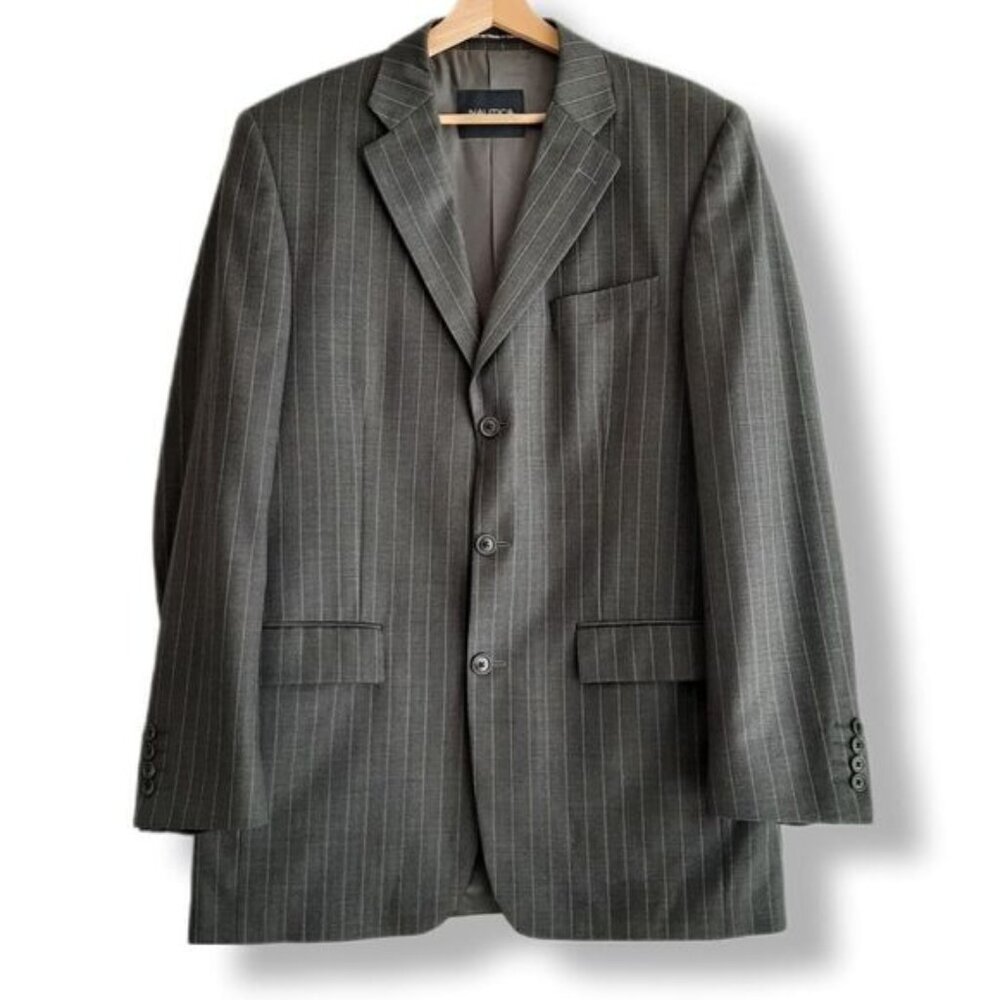NAUTICA Navigator 100% Wool Blazer Jacket Grey Pin Stripe Men's Sz 40 T Tall